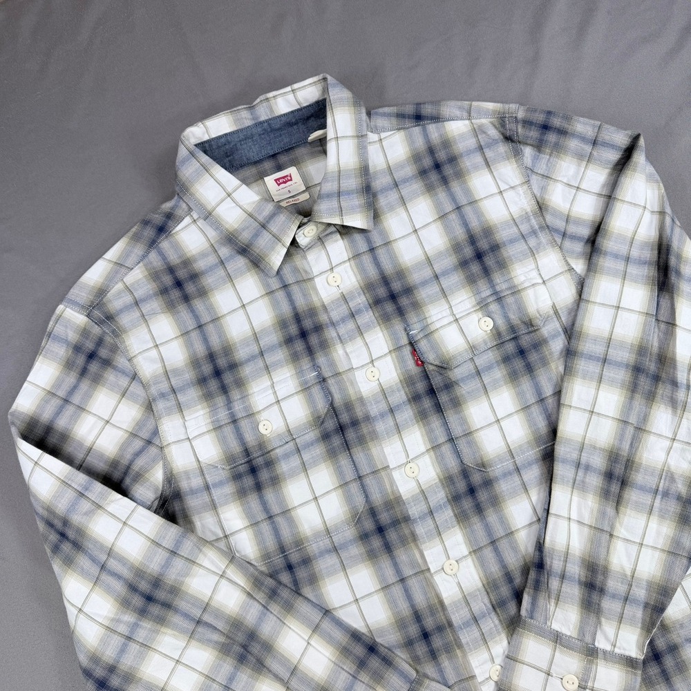 Levis Mens S Gray White Plaid 100% Cotton Worker Relaxed Fit Flannel Shirt NWT